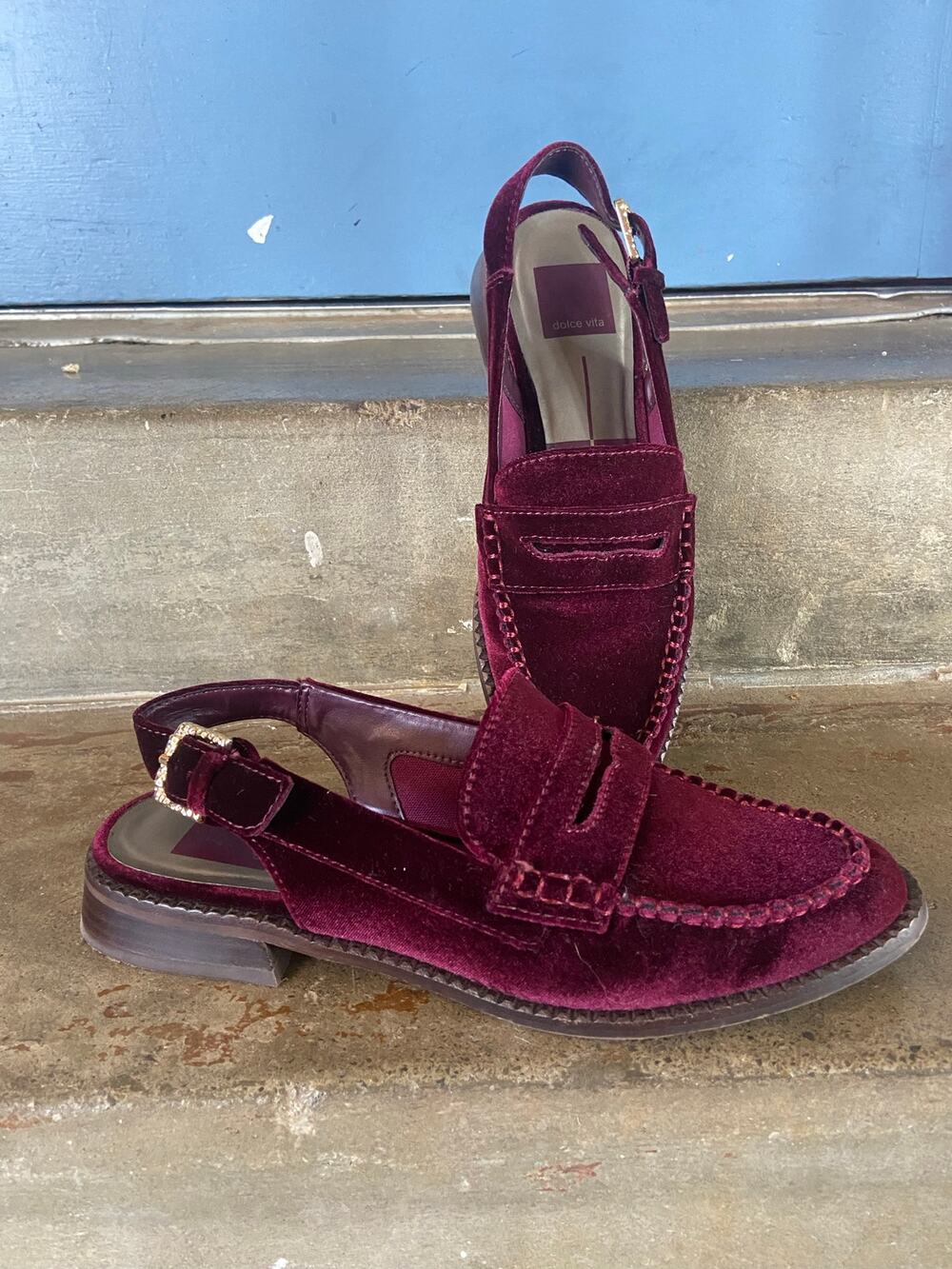 Dolce Vita burgundy velvet penny loafer style mule with back strap